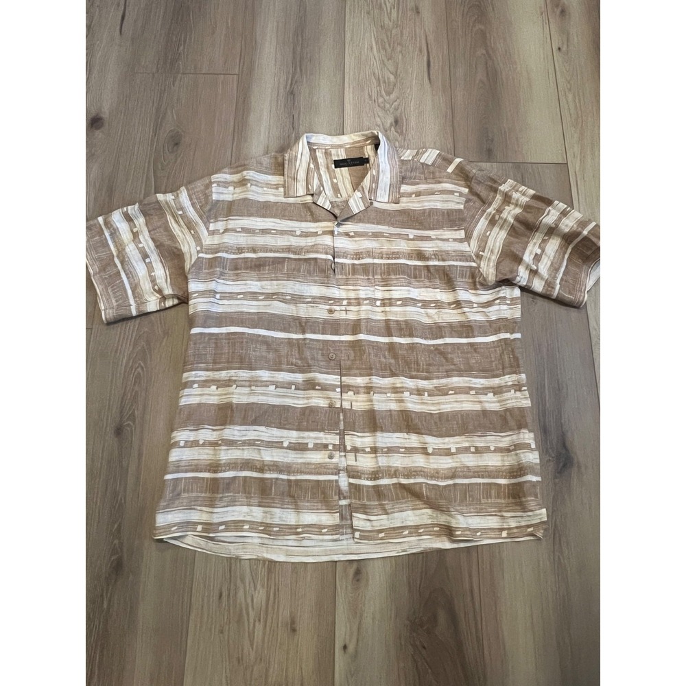 Bugatchi Uomo Men's XL Linen Shirt Tan Cream Striped Short Sleeve Button Up